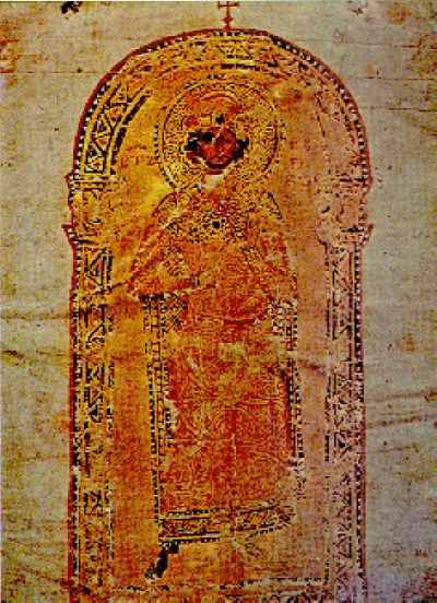 Св. княз Борис I. Миниатюра в "Учително евангелие" на епископ Константин Преславски, копие от XII в.