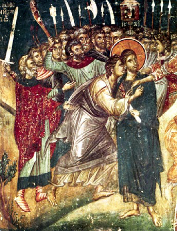   .     1310-1320 .   Agios Nikolaos Orphanos  . Section of the wall-painting of the Betrayal depicting Judas kissing Christ, 1310-1320, Thessalonike, church of Agios Nikolaos Orphanos. Source: macedonian-heritage.gr
