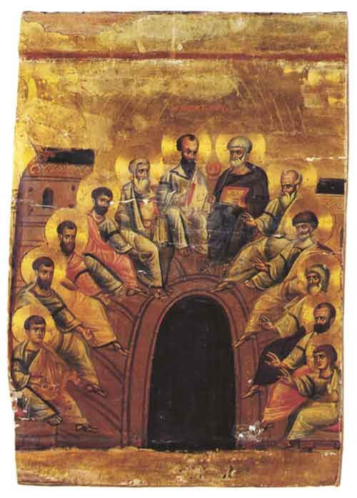 Слизането на Светия Дух над апостолите. Византийска икона от Синай от края на  XII и началото на XIII в.