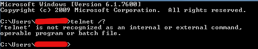 Telnet not recognized as internal or external command message on Windows 7