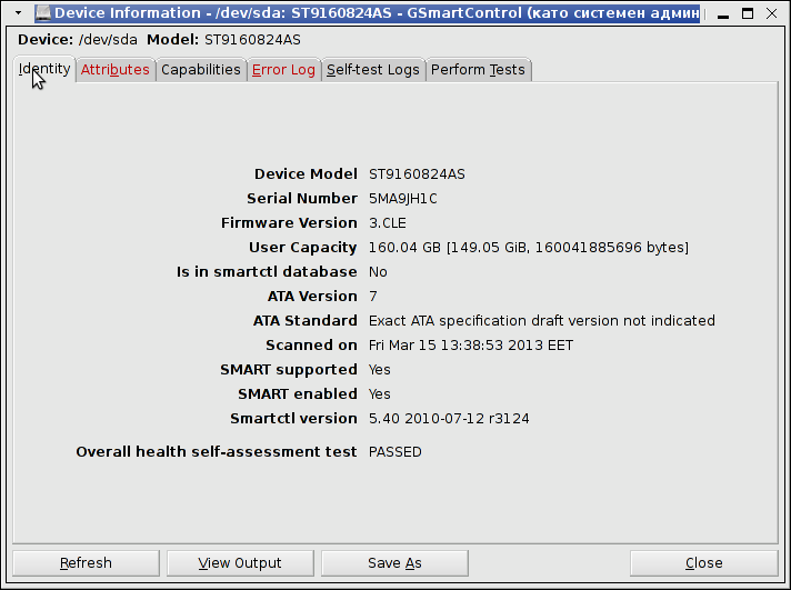 Lenovo gsmartcontrol Thinkpad Device information /dev/sda ST9160824AS screenshot