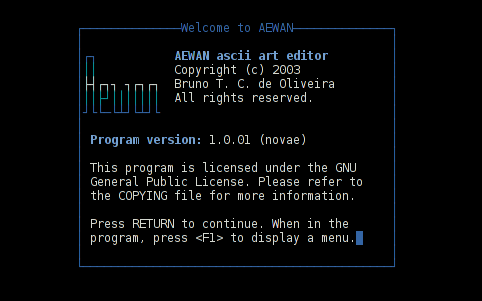 AEWAN ASCII art editor entry information screen Debian GNU / Linux shot