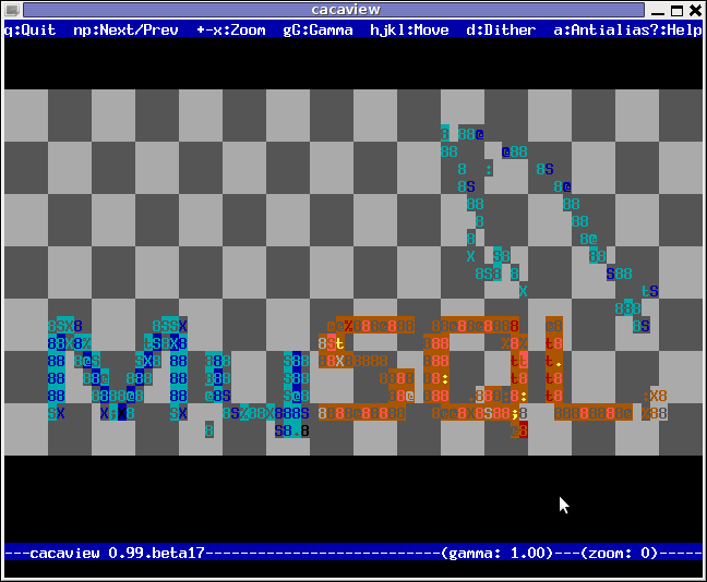 cacaview displaying MySQL database logo in ASCII using caca for X