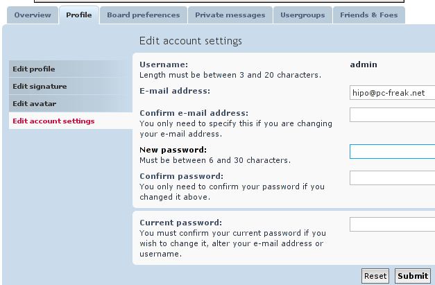 Change PHPBB admin password screen
