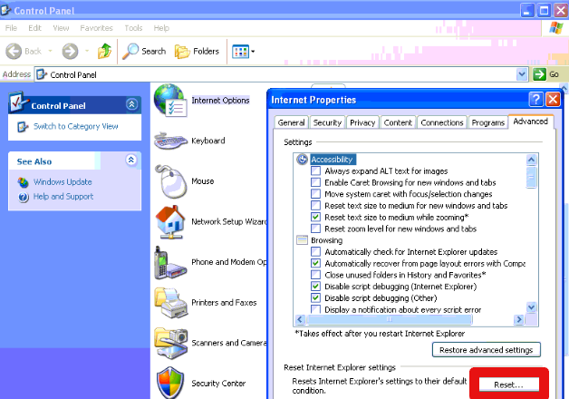 Windows XP Control Panel Internet Options Advanced Reset tab screenshot