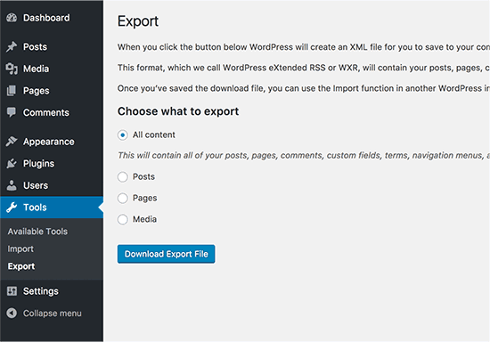 export-content-wordpress-website-screenshot-howto