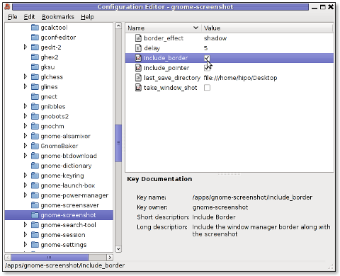 GConf Editor GNOME screenshot, border effect drop shadow and include border option set on Linux Debian