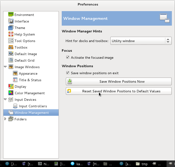 gimp 2.8 preferences menu restore saved window position to default values screenshot / display missing GIMP menus