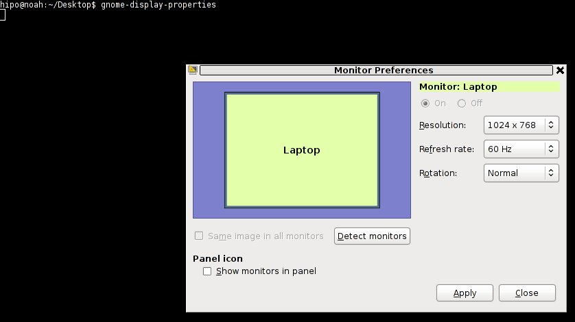 GNOME display properties command to launch monitors screen resolution settings