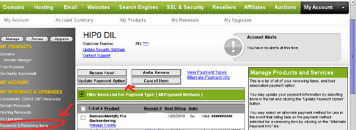 Godaddy update credit card info payment and renewing items menu screenshot