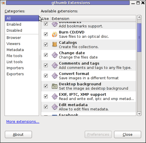 GThumb extensions menu Debian GNU / Linux