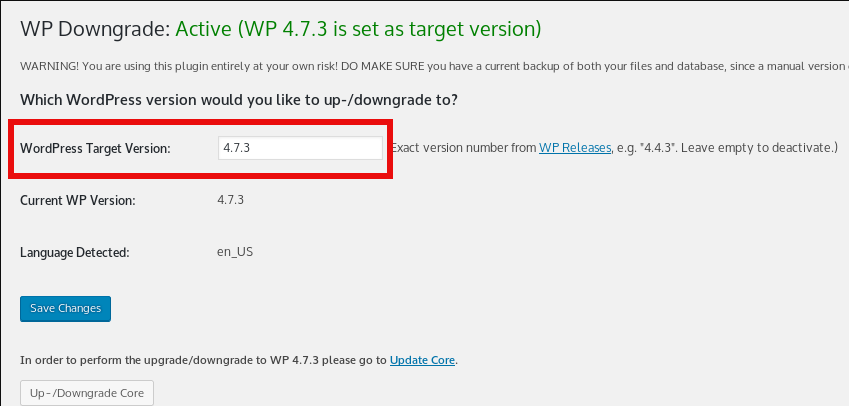 how-to-downgrade-wordpress-easily-to-a-previous-prior-release-wp-downgrade-screenshot