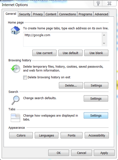 Internet Explorer internet options change webpage displayed in tabs settings screenshot