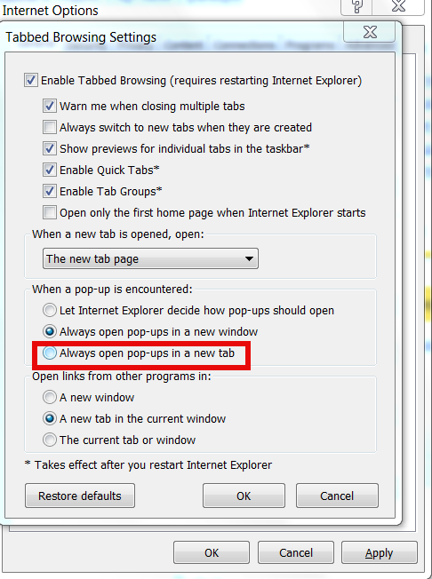 Internet explorer tabbed browser settings Microsoft Windows 8 screenshot