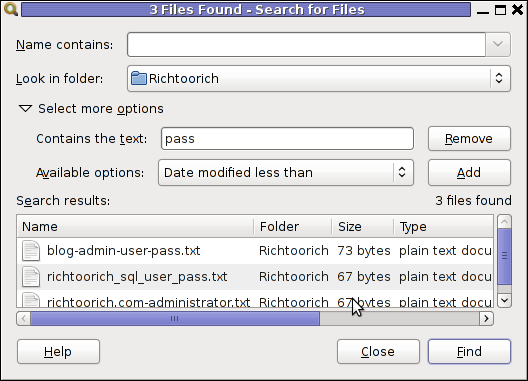 Screenshot 3 files found gnome search tool Linux screenshot