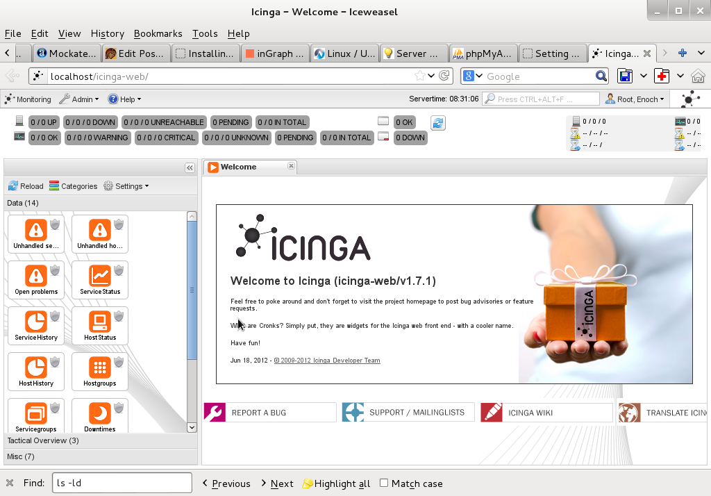 logged in inside Icinga / Icinga web view and control frontend