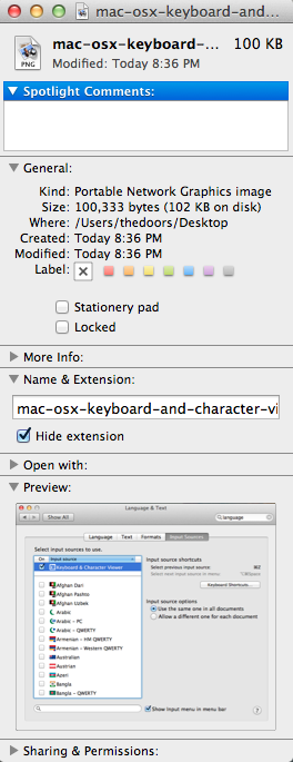 mac OS X extended file information by pressing Command + I screenshot