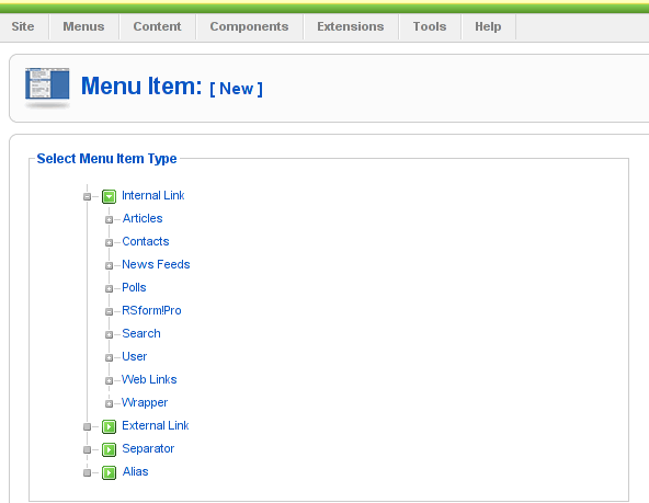 Joomla menu add new element screenshot