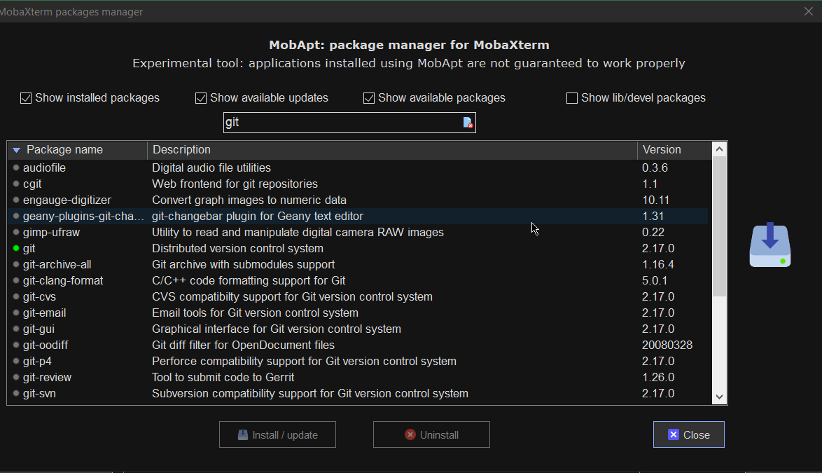 mobapt-pkg-manager-install-git-from-gui-mobaxterm-package-installer