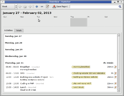 overview Task reporting time tracker Debian Linux