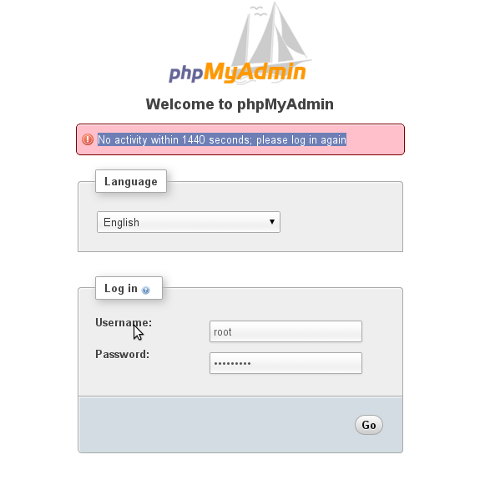 phpmyadmin no activity within 1440 seconds please log in again screenshot Debian Gnu Linux