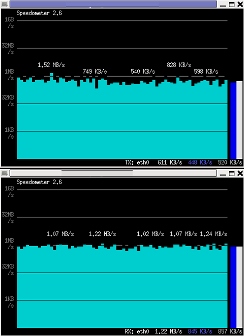 Monitor Received and Transmitted server Network traffic in two separate xterm windows with speedometer ascii graphs