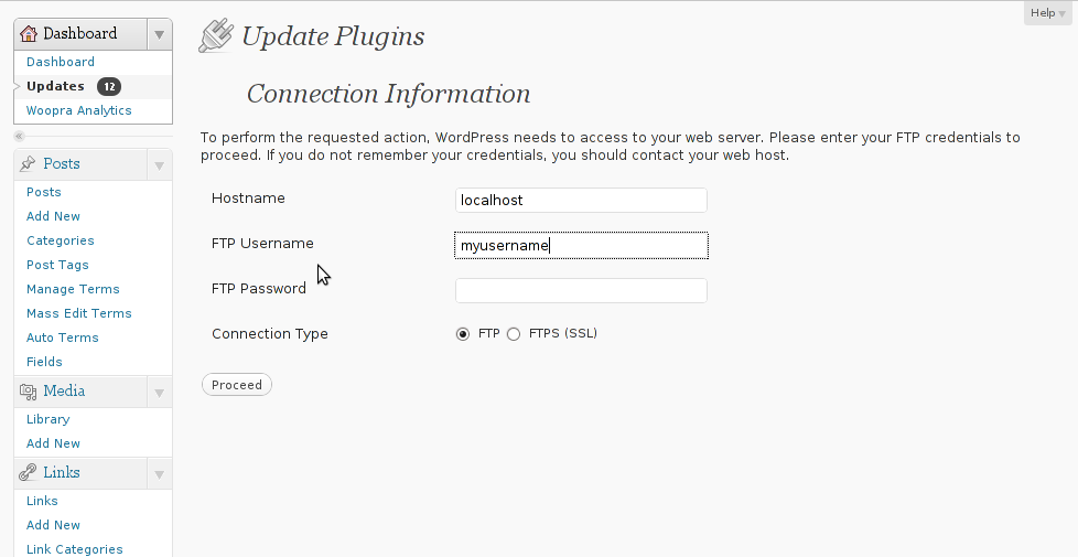 How to get rid of update plugins wordpress username password prompt