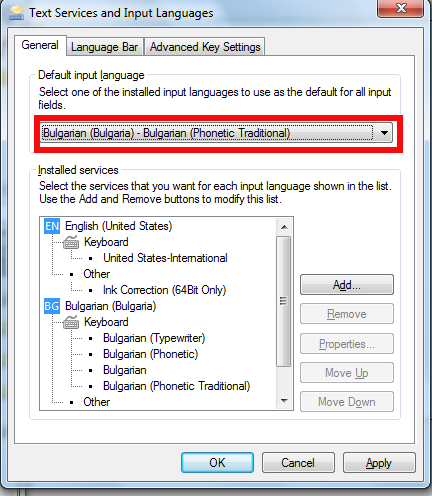 Windows 7 text services and input languages dialog screen