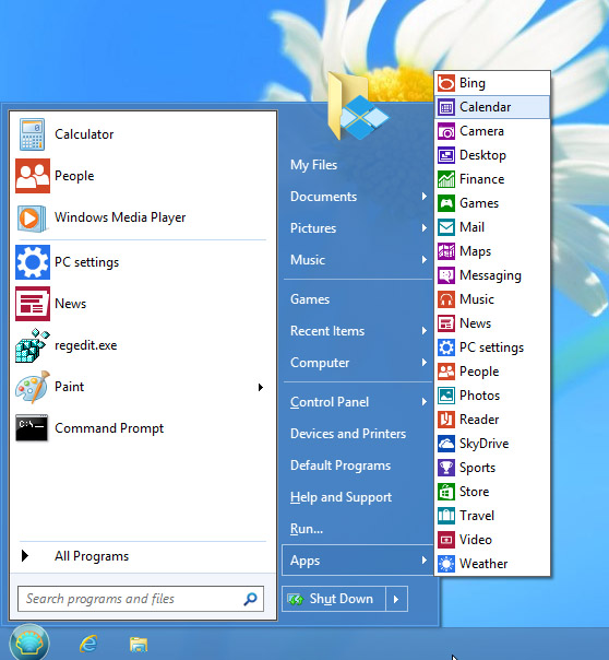 Windows classic shell start menu screenshot Windows 8