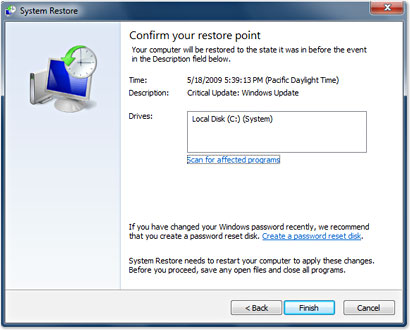 windows system restore screenshot choose hard drive / Confirm system restore