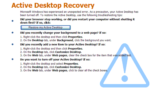 Windows XP pezzo di errore software desktop attivo