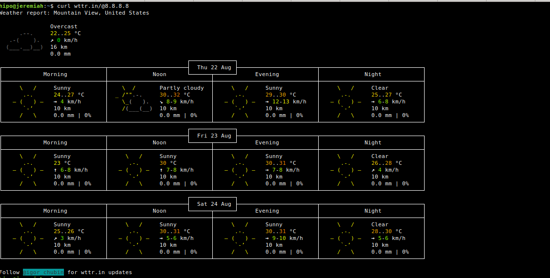 wttr.in-Linux-text--forecast-service-curl-screenshot Google Public DNS location weather forecast